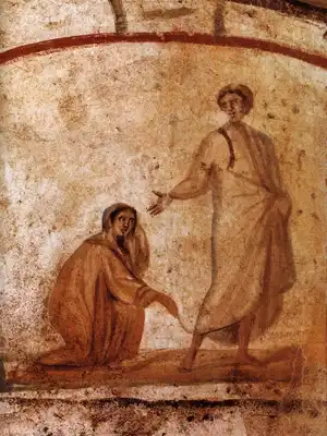 Painting of Jesus with no beard, healing woman who touched his robe, found in 4th century Catacombs of Marcellinus and Peter in Rome