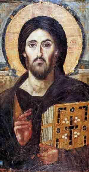 Sinai Christ Pantocrator Icon world's oldest image of Christ with a beard from 6th century - artist used Shroud face as model