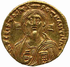 Byzantine Emperor Justinian II's gold Solidus coin with Jesus image on Shroud