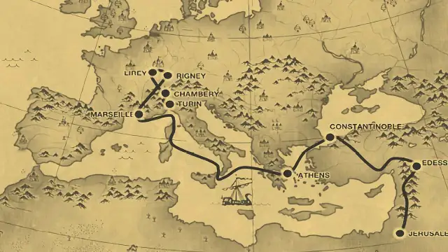 Historical map tracing the Shroud of Turin's journey from Jerusalem through Edessa and Constantinople to its current location in Turin, Italy.